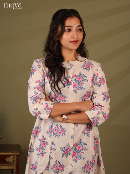 Floral Printed Cream Cotton Kurti - Shop on Shrus.com