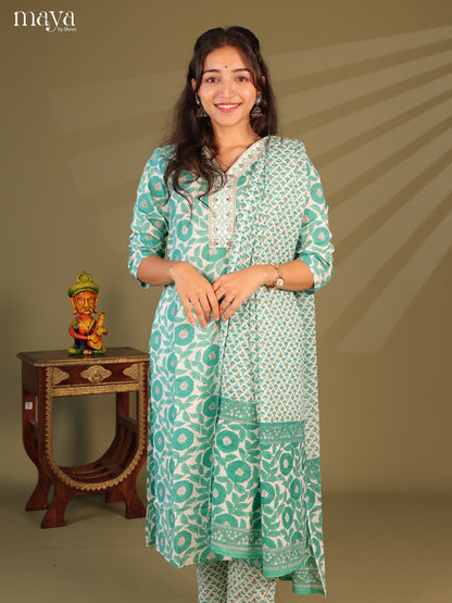 White Cotton 3Pc Salwar Suit with Floral Print - Top, Bottom & Dupatta - Shop on Shrus.com