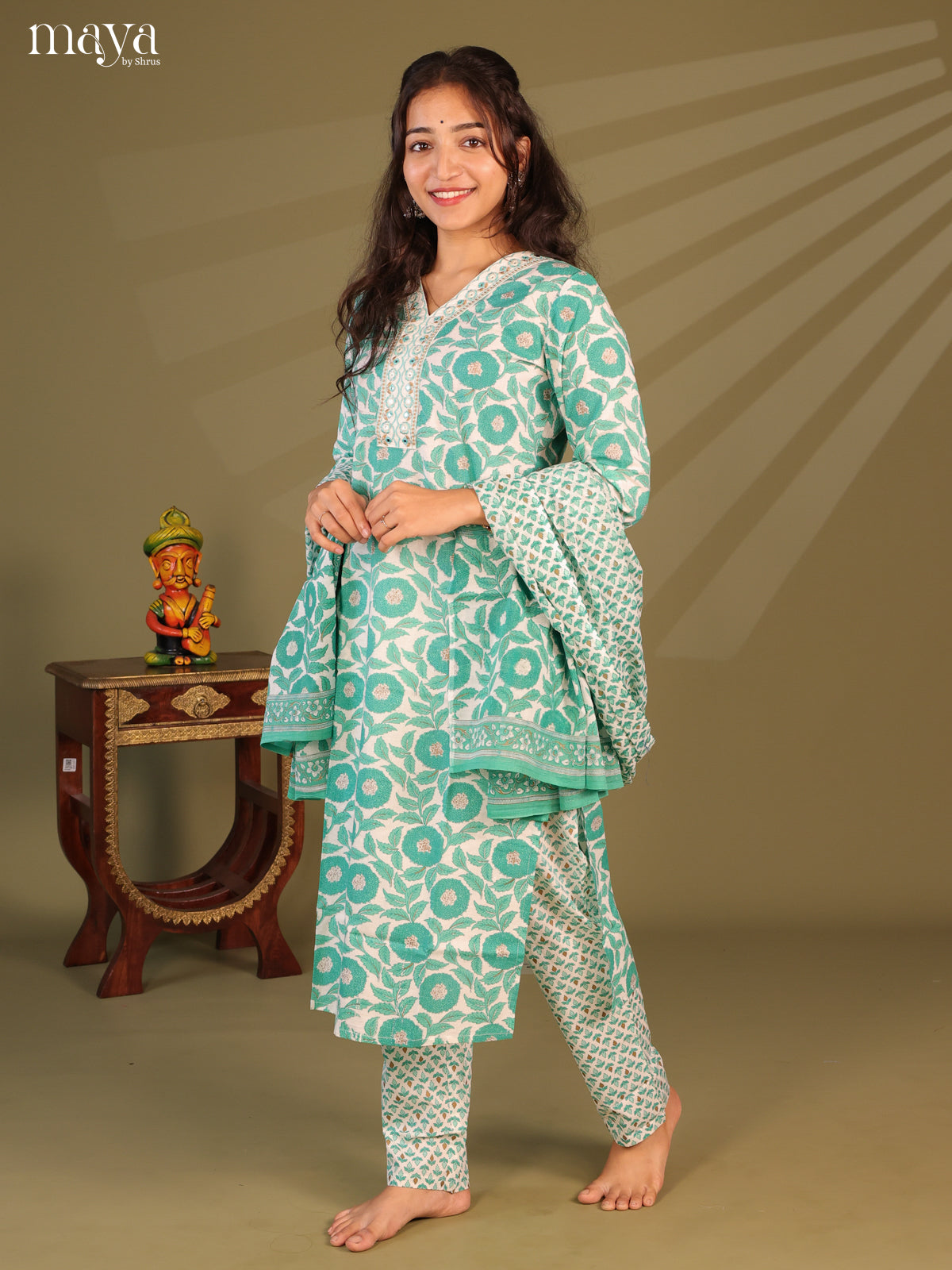 White Cotton 3Pc Salwar Suit with Floral Print - Top, Bottom & Dupatta - Shop on Shrus.com