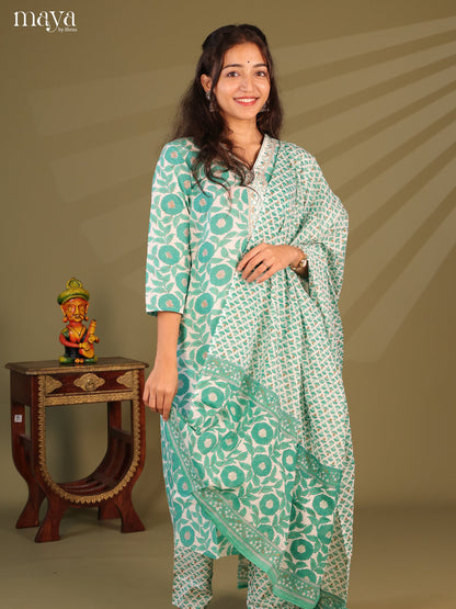 White Cotton 3Pc Salwar Suit with Floral Print - Top, Bottom & Dupatta - Shop on Shrus.com