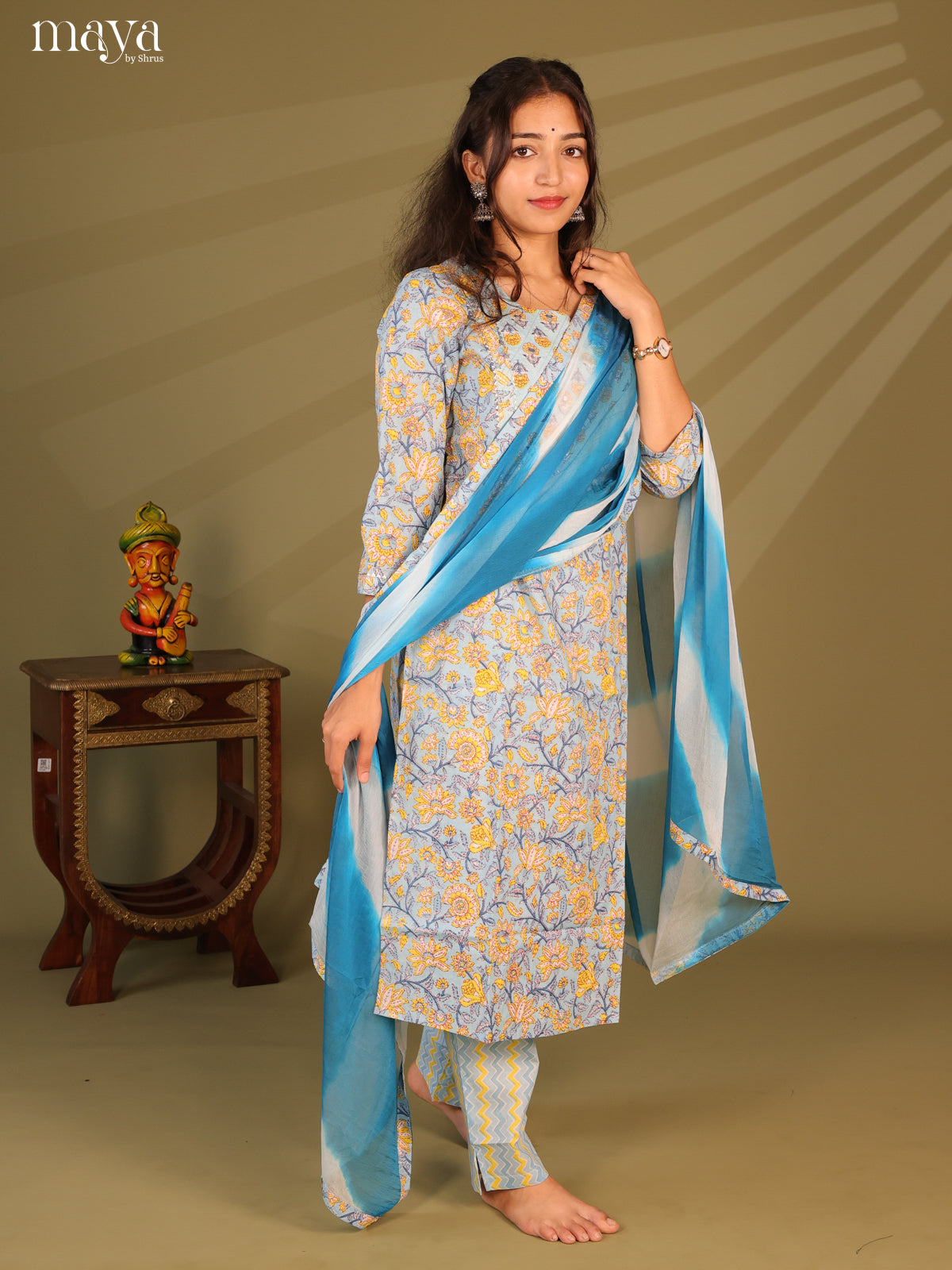 Blue Cotton 3pc Salwar Suit With Floral Print - Top, Bottom & Dupatta - Shop on Shrus.com
