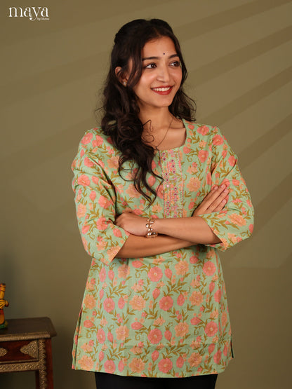 Floral Printed Green Cotton Short Kurti - Shop on Shrus.com