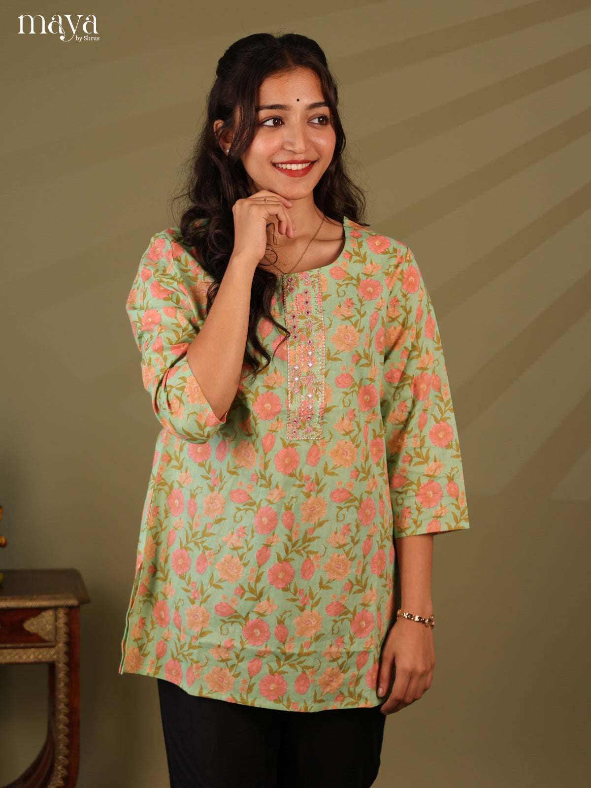 Floral Printed Green Cotton Short Kurti - Shop on Shrus.com