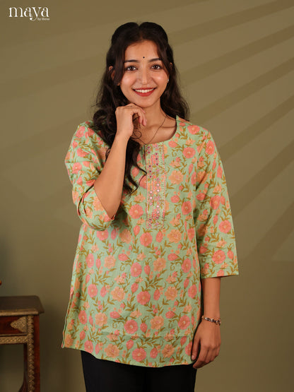 Floral Printed Green Cotton Short Kurti - Shop on Shrus.com