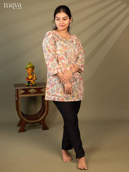 Floral Printed Cream Cotton Short Kurti - Shop on Shrus.com