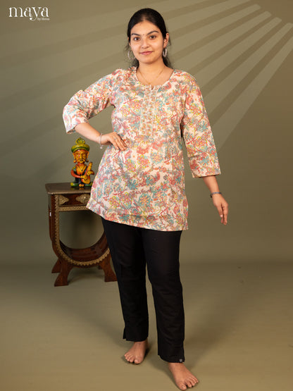 Floral Printed Cream Cotton Short Kurti - Shop on Shrus.com