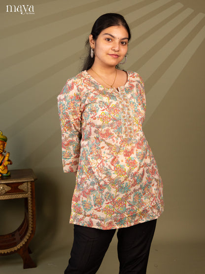 Floral Printed Cream Cotton Short Kurti - Shop on Shrus.com
