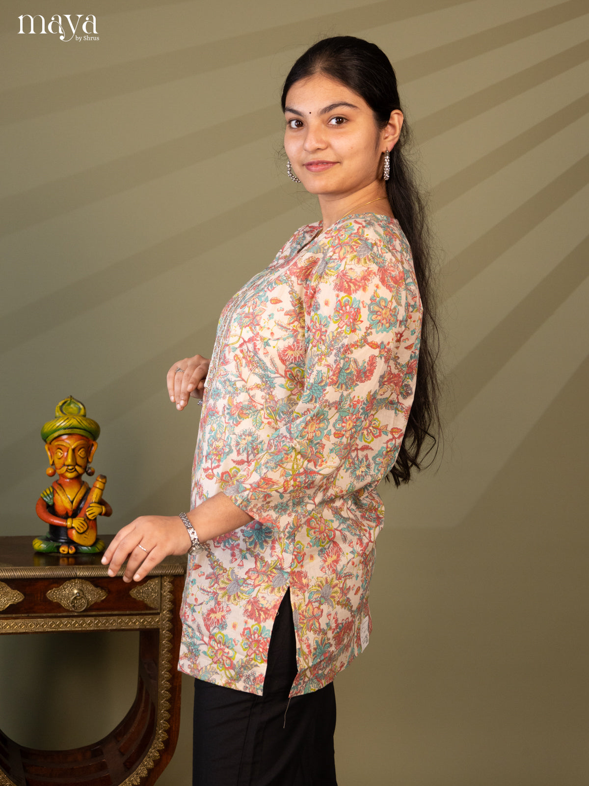 Floral Printed Cream Cotton Short Kurti - Shop on Shrus.com