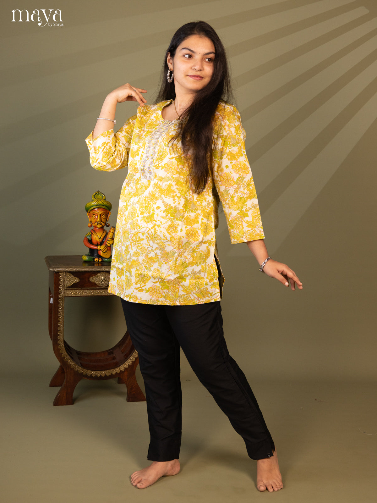 Floral Printed Cream Cotton Short Kurti - Shop on Shrus.com