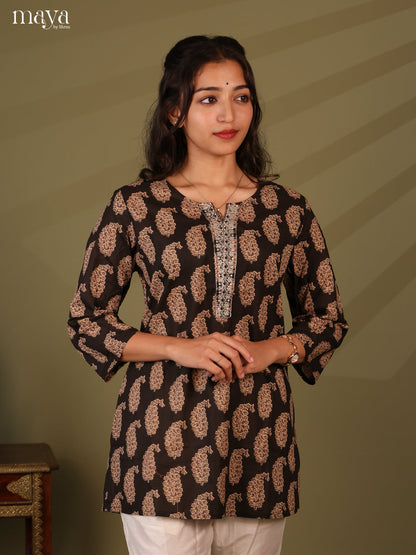 Floral Printed Brown Cotton Short Kurti - Shop on Shrus.com