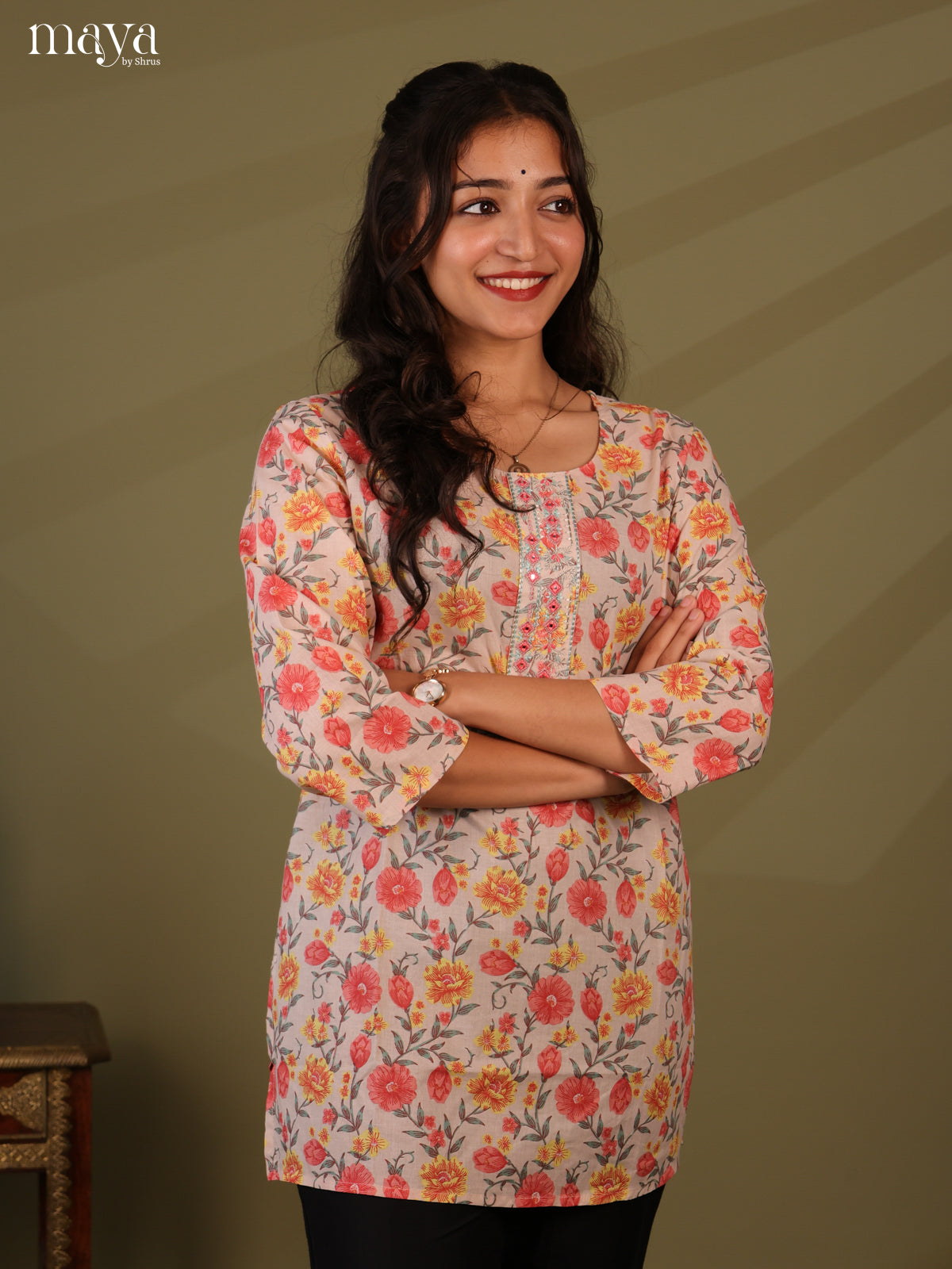Floral Printed Mauve Cotton Short Kurti - Shop on Shrus.com