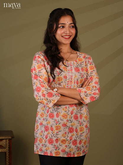 Floral Printed Mauve Cotton Short Kurti - Shop on Shrus.com