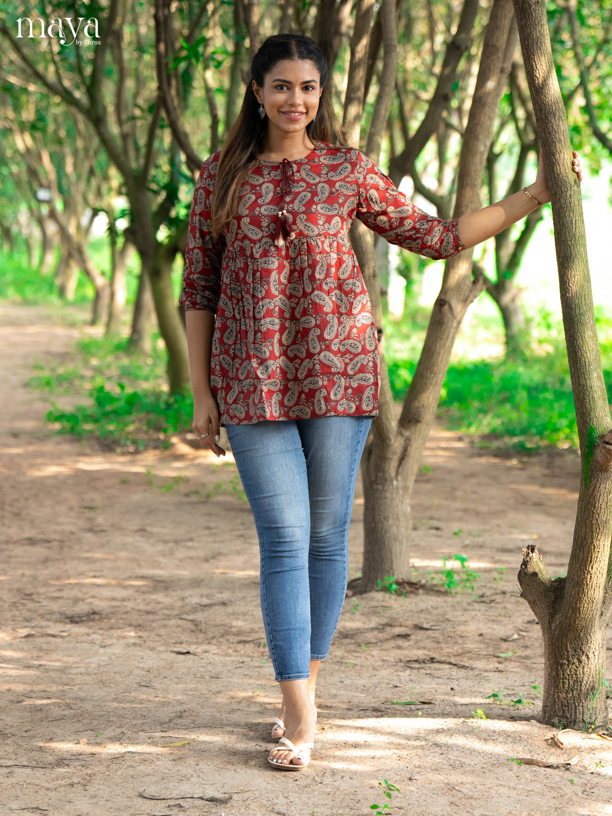 Ajrakh Printed Maroon Cotton Short Kurti - Shop on Shrus.com