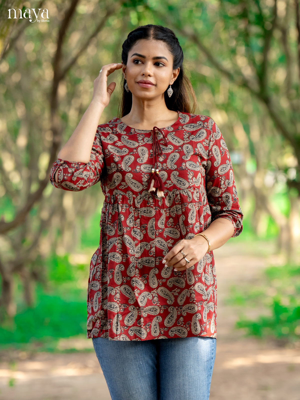 Ajrakh Printed Maroon Cotton Short Kurti - Shop on Shrus.com