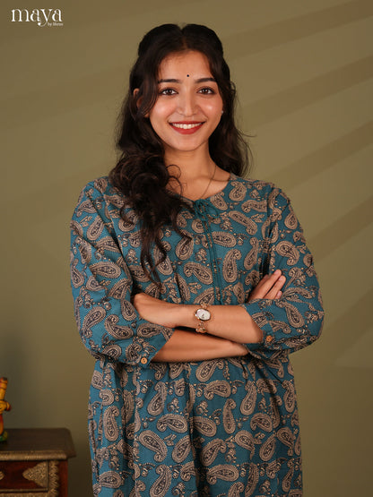 Ajrakh Printed Blue Cotton Short Kurti - Shop on Shrus.com