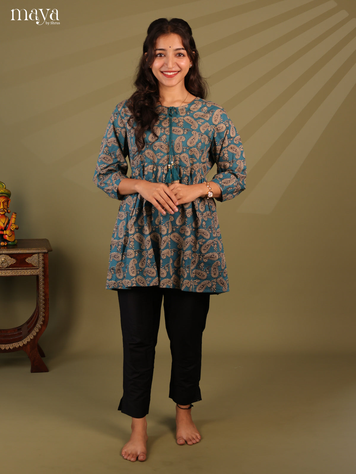 Ajrakh Printed Blue Cotton Short Kurti - Shop on Shrus.com
