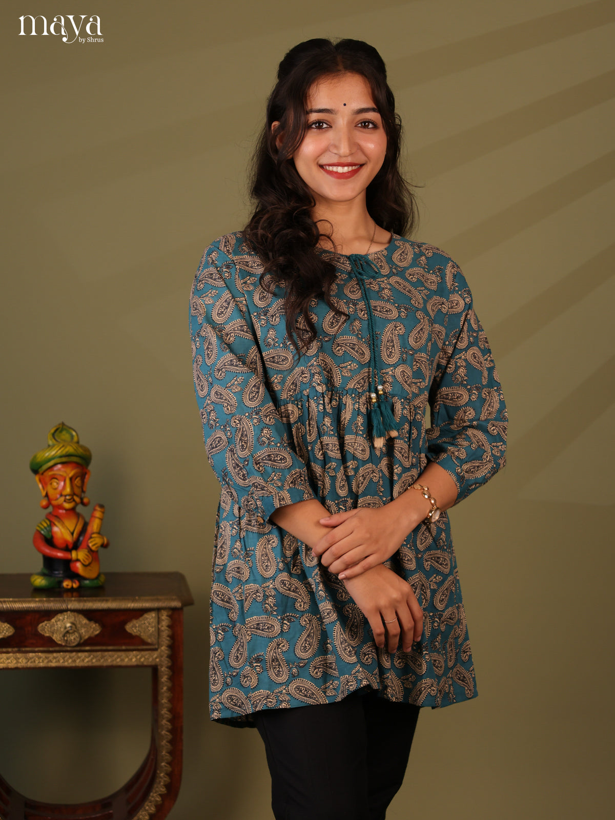 Ajrakh Printed Blue Cotton Short Kurti - Shop on Shrus.com