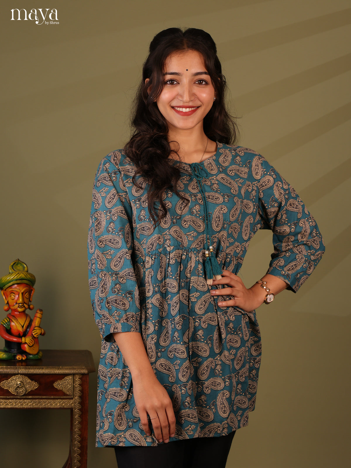 Ajrakh Printed Blue Cotton Short Kurti - Shop on Shrus.com