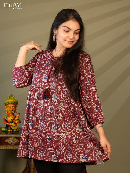 Floral Printed Maroon Cotton Short Kurti - Shop on Shrus.com