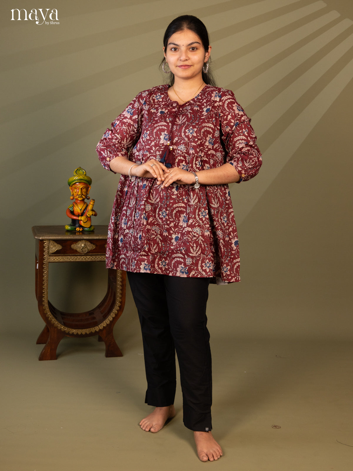 Floral Printed Maroon Cotton Short Kurti - Shop on Shrus.com
