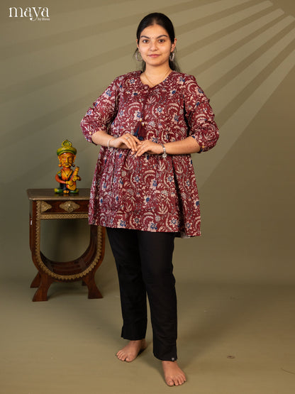 Floral Printed Maroon Cotton Short Kurti - Shop on Shrus.com