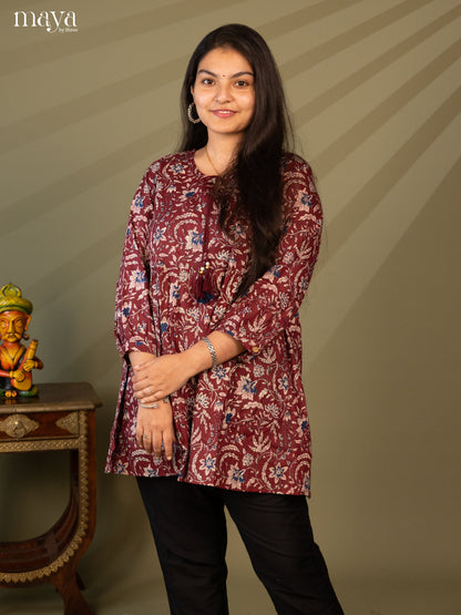 Floral Printed Maroon Cotton Short Kurti - Shop on Shrus.com