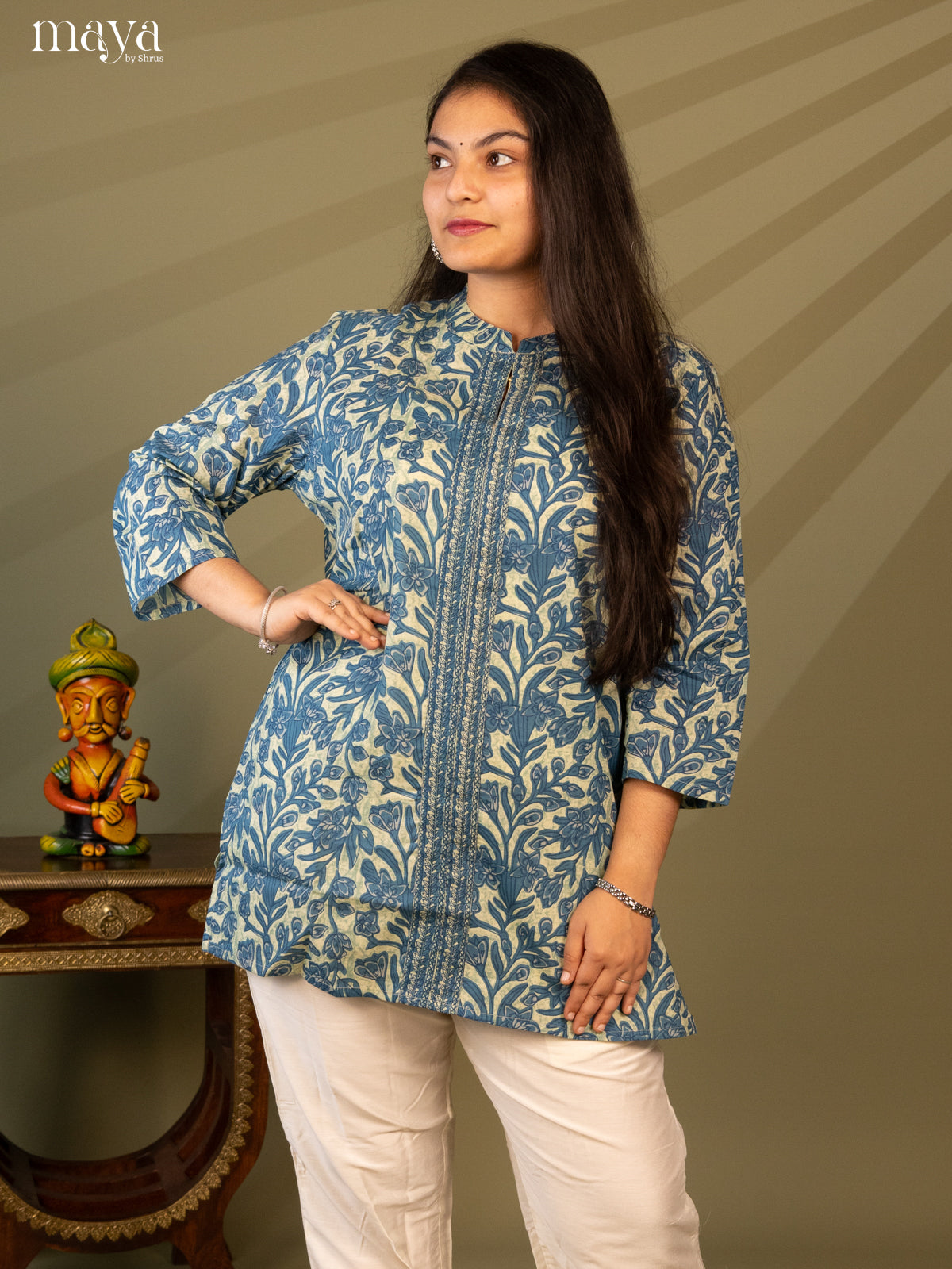 Floral Printed Blue Cotton Short Kurti - Shop on Shrus.com