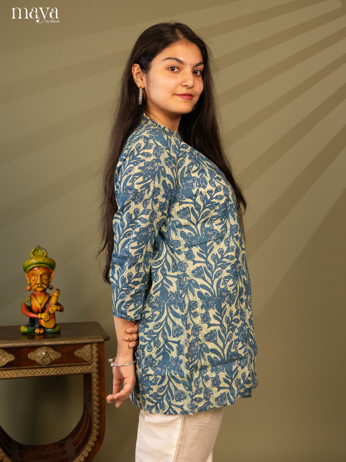 Floral Printed Blue Cotton Short Kurti - Shop on Shrus.com