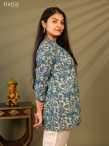 Floral Printed Blue Cotton Short Kurti - Shop on Shrus.com