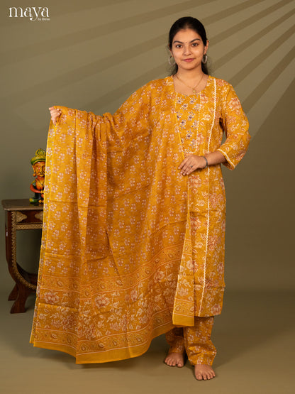 Yellow Cotton 3Pc Salwar Suit with Floral Print - Top, Bottom & Dupatta - Shop on Shrus.com