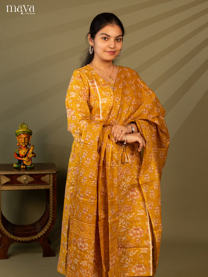 Yellow Cotton 3Pc Salwar Suit with Floral Print - Top, Bottom & Dupatta - Shop on Shrus.com