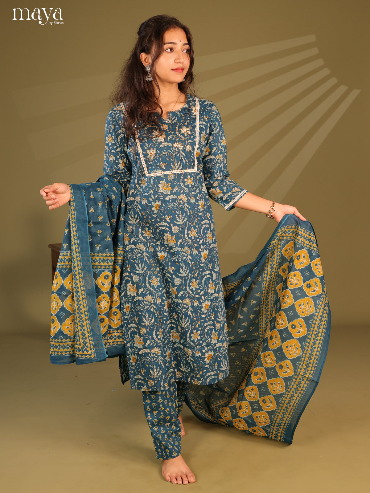 Blue Cotton 3Pc Salwar Suit with Floral Print - Top, Bottom & Dupatta - Shop on Shrus.com