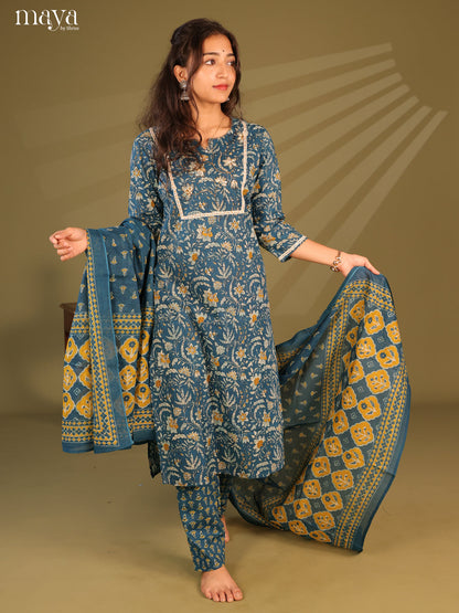 Blue Cotton 3Pc Salwar Suit with Floral Print - Top, Bottom & Dupatta - Shop on Shrus.com