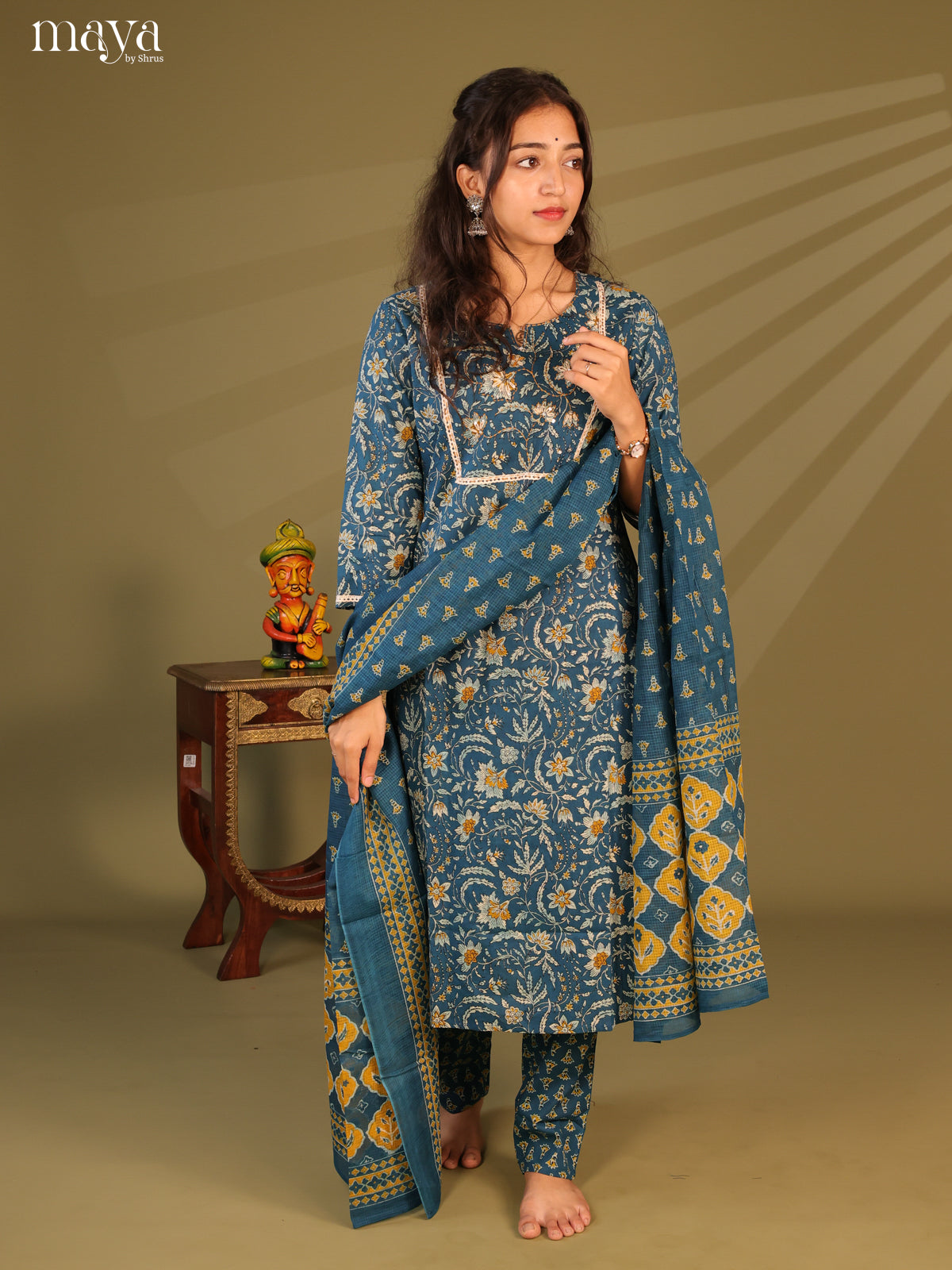 Blue Cotton 3Pc Salwar Suit with Floral Print - Top, Bottom & Dupatta - Shop on Shrus.com