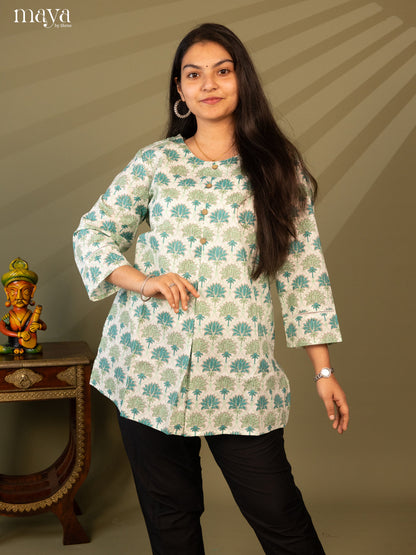 Floral Printed Cream Cotton Short Kurti - Shop on Shrus.com