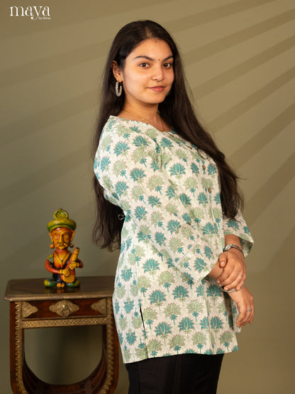 Floral Printed Cream Cotton Short Kurti - Shop on Shrus.com