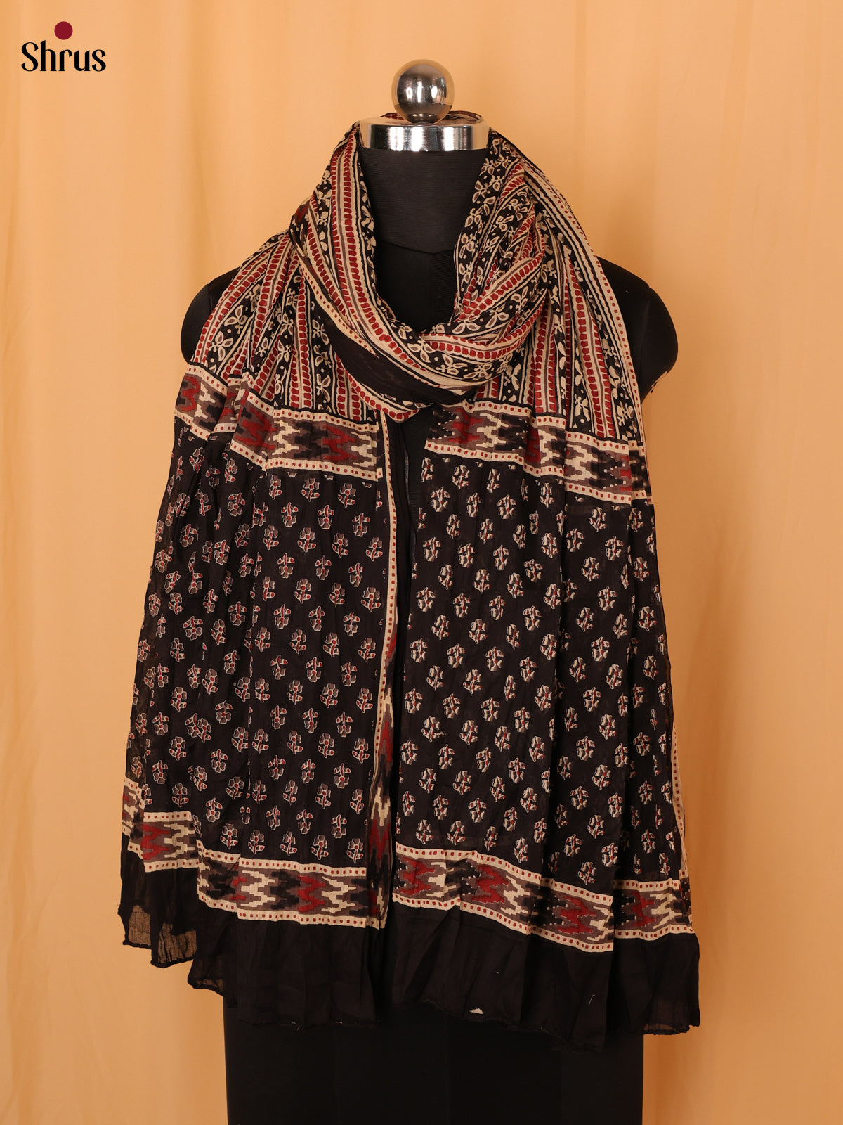 Cream With Black Floral Print Cotton Dupatta - Shop on Shrus.com