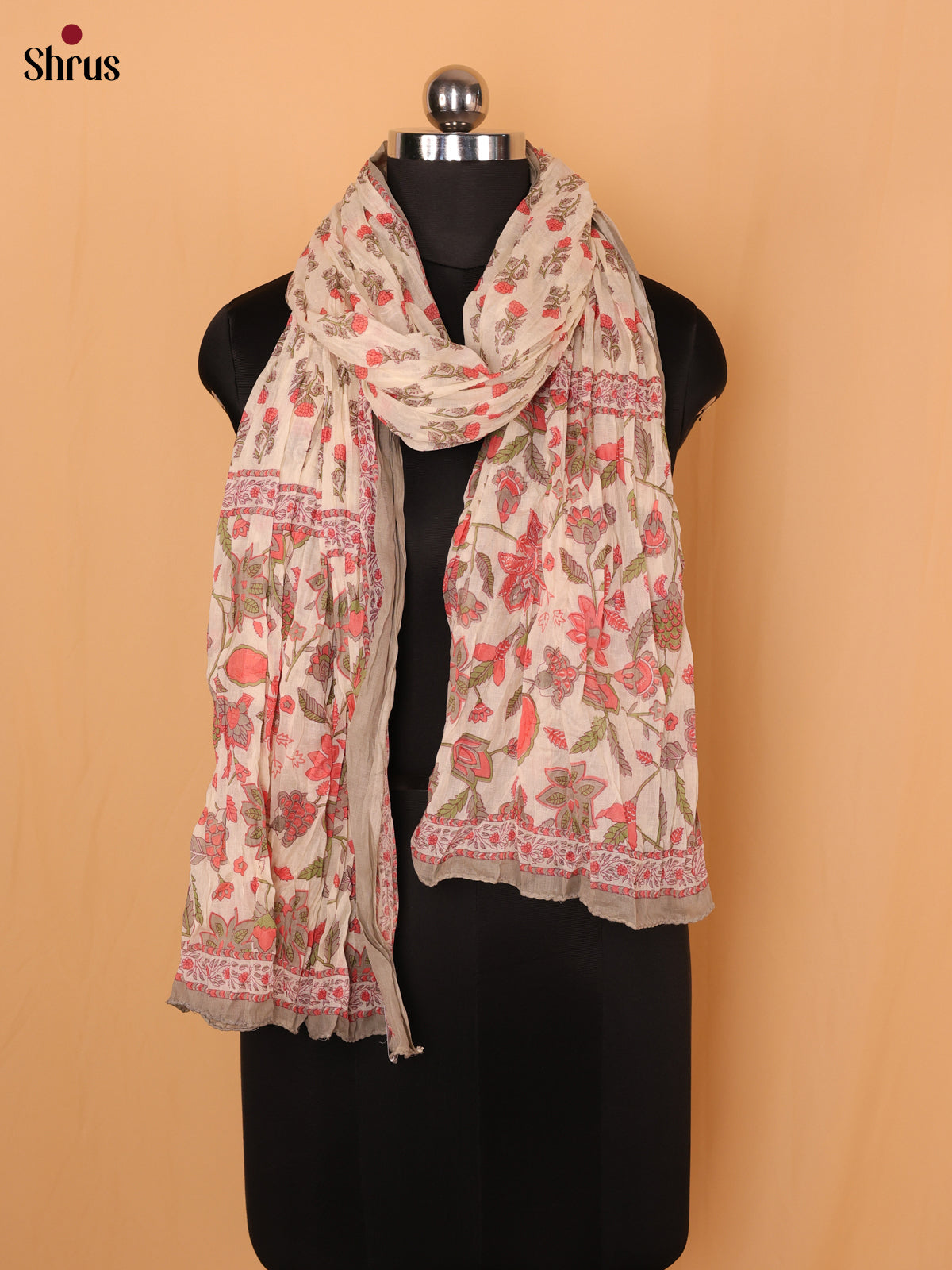 Cream With Grey Floral Print Cotton Dupatta - Shop on Shrus.com