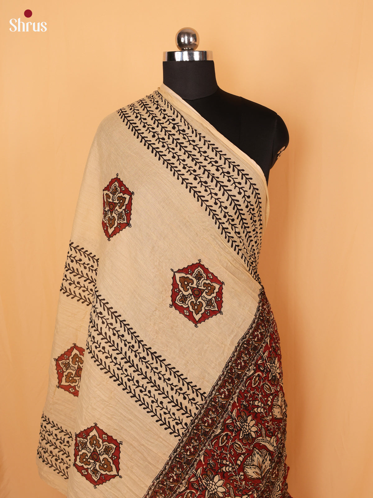 Cream With Red Floral Print Cotton Dupatta - Shop on Shrus.com