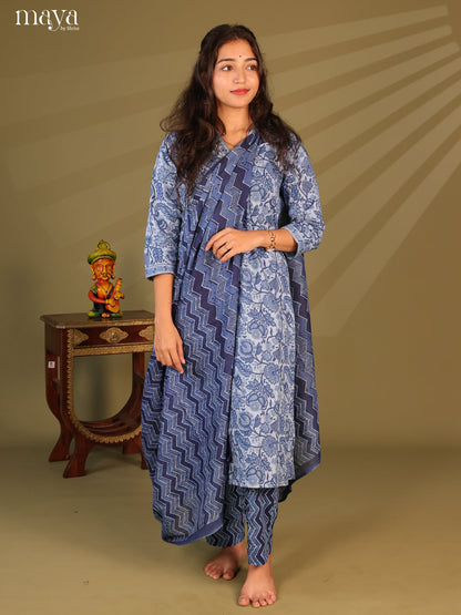 Blue Cotton 3Pc Salwar Suit with Floral Print - Top, Bottom & Dupatta - Shop on Shrus.com