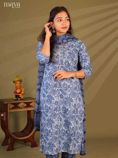 Blue Cotton 3Pc Salwar Suit with Floral Print - Top, Bottom & Dupatta - Shop on Shrus.com