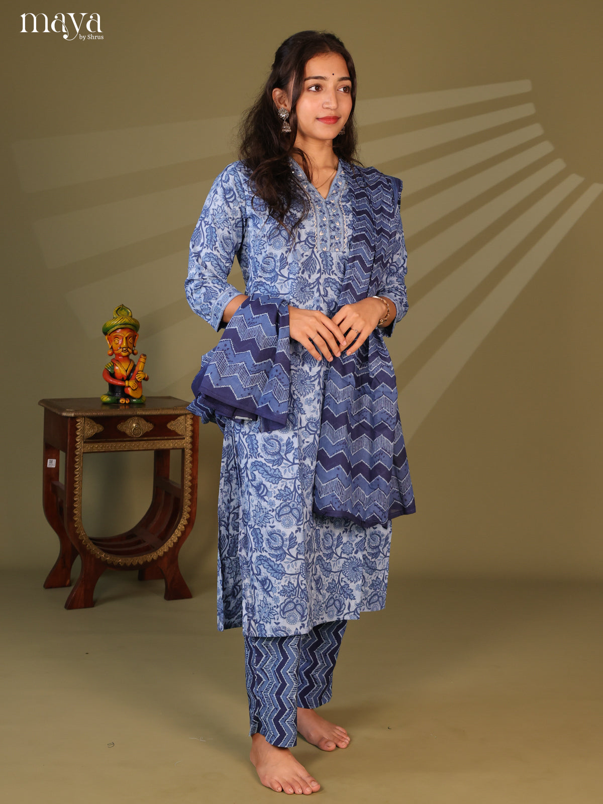 Blue Cotton 3Pc Salwar Suit with Floral Print - Top, Bottom & Dupatta - Shop on Shrus.com