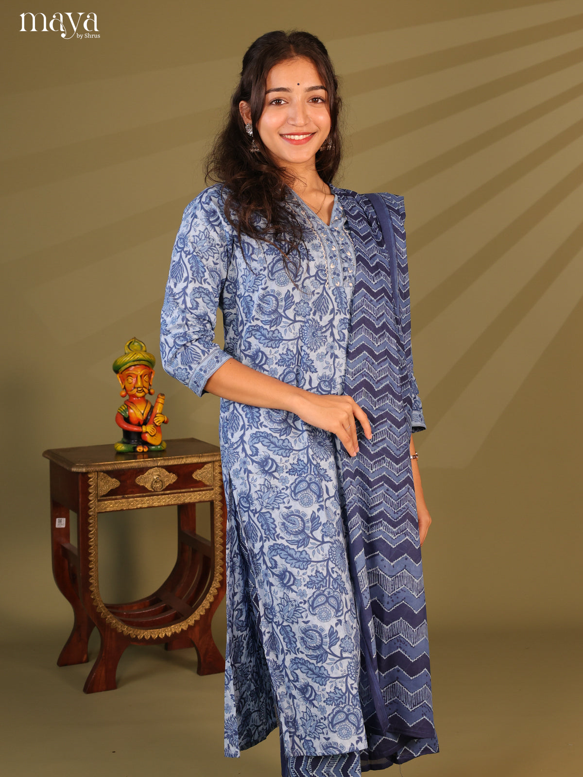 Blue Cotton 3Pc Salwar Suit with Floral Print - Top, Bottom & Dupatta - Shop on Shrus.com