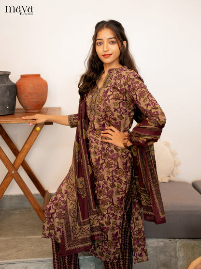 Green With Wine Cotton 3Pc Salwar Suit with Floral Print - Top, Bottom & Dupatta - Shop on Shrus.com