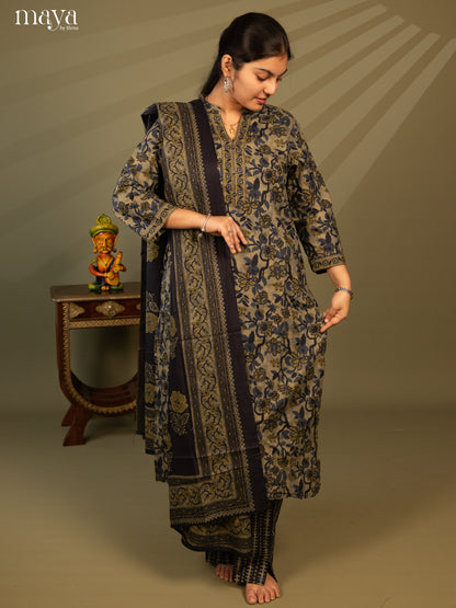 Green Cotton 3Pc Salwar Suit with Floral Print - Top, Bottom & Dupatta - Shop on Shrus.com