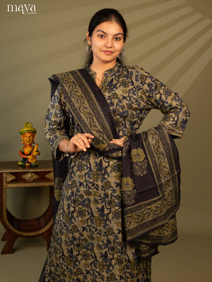 Green Cotton 3Pc Salwar Suit with Floral Print - Top, Bottom & Dupatta - Shop on Shrus.com