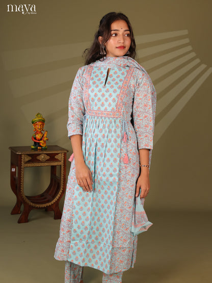 Blue Cotton 3Pc Salwar Suit with Floral Print - Top, Bottom & Dupatta - Shop on Shrus.com