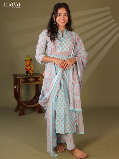 Blue Cotton 3Pc Salwar Suit with Floral Print - Top, Bottom & Dupatta - Shop on Shrus.com