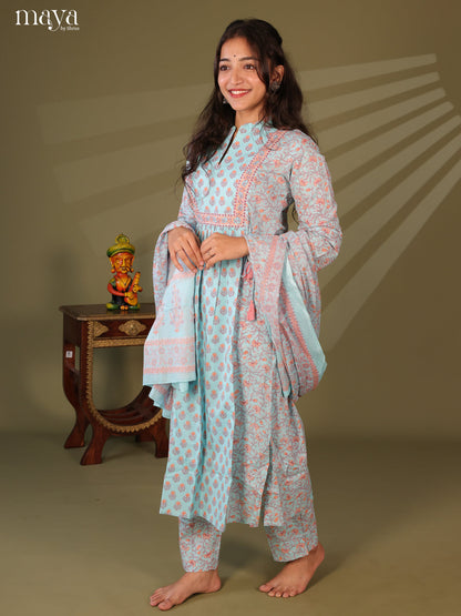 Blue Cotton 3Pc Salwar Suit with Floral Print - Top, Bottom & Dupatta - Shop on Shrus.com