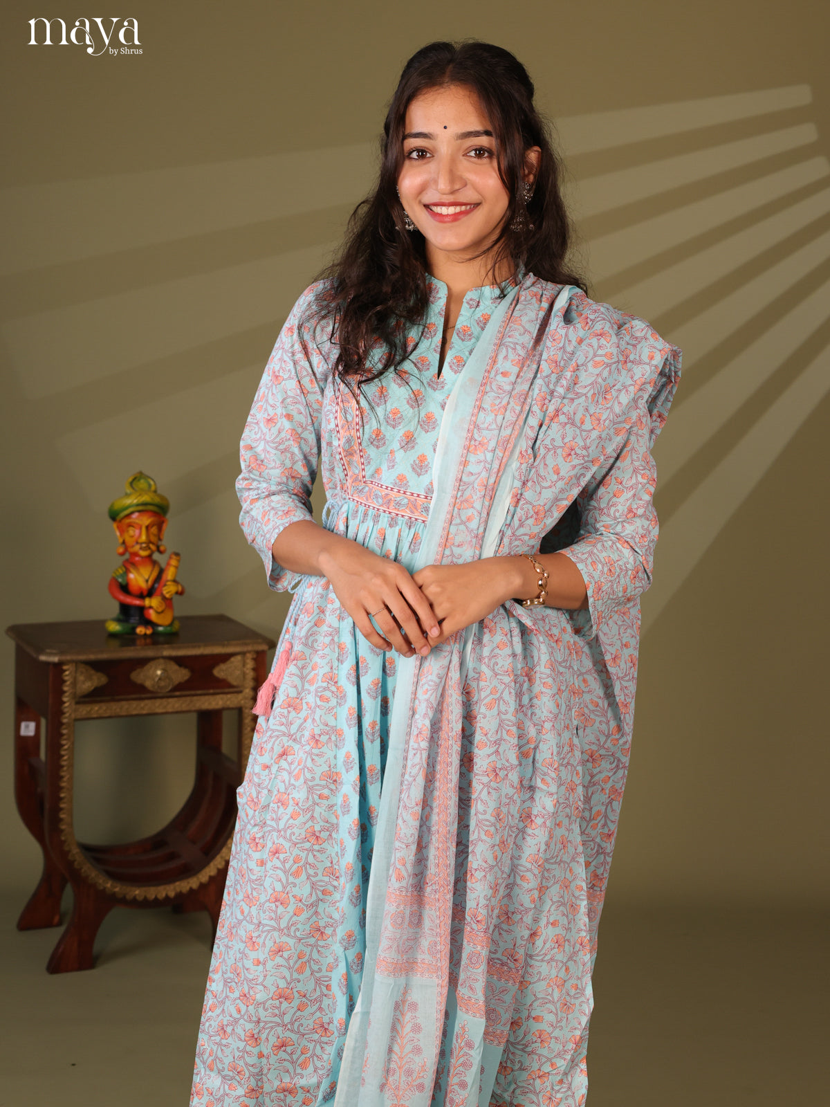 Blue Cotton 3Pc Salwar Suit with Floral Print - Top, Bottom & Dupatta - Shop on Shrus.com